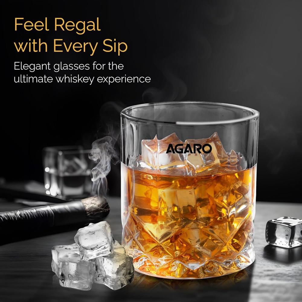 AGARO Elegant Whiskey Glass, Set of 6, 325ML, Diamond Cut Design, Crystal Clear, Perfect for Scotch, Whisky, Bourbon, Liquor, Wine, Cocktail Drinks  34219 