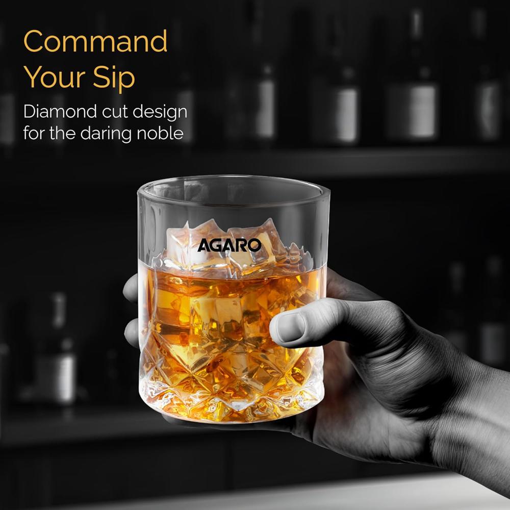 AGARO Elegant Whiskey Glass, Set of 6, 325ML, Diamond Cut Design, Crystal Clear, Perfect for Scotch, Whisky, Bourbon, Liquor, Wine, Cocktail Drinks  34219 