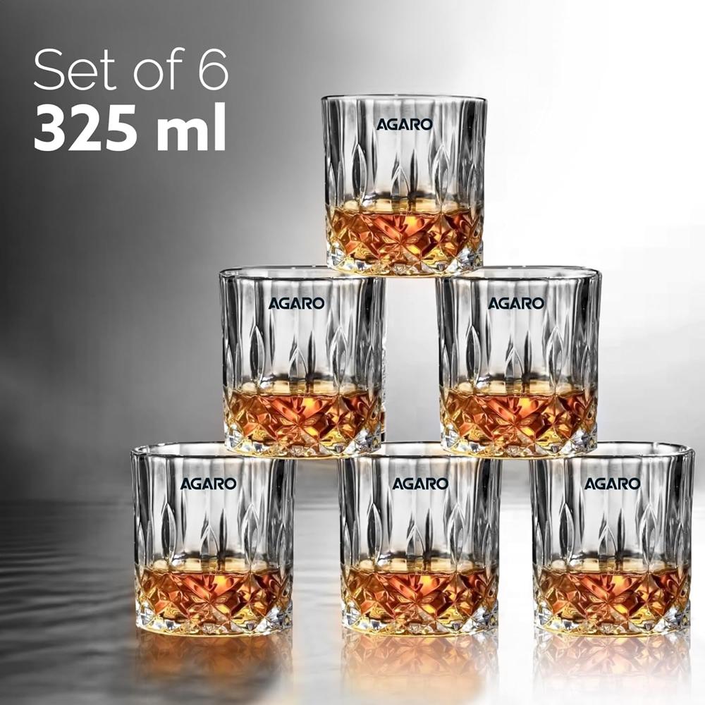 AGARO Elegant Whiskey Glass, Set of 6, 325ML, Diamond Cut Design, Crystal Clear, Perfect for Scotch, Whisky, Bourbon, Liquor, Wine, Cocktail Drinks  34219 