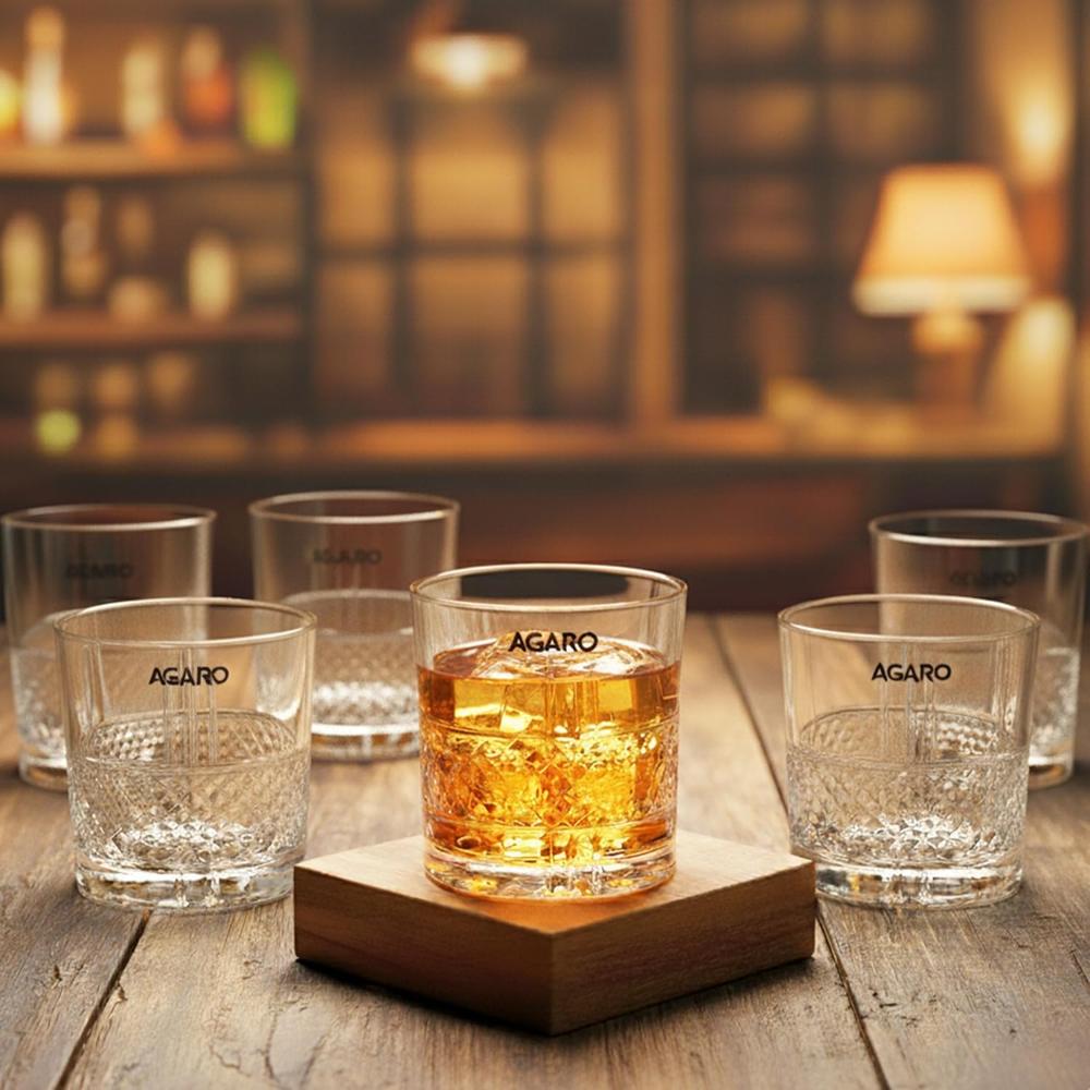 AGARO Elegant Whiskey Glass, Set of 6, 325ML, Crisscross Design, Crystal Clear, Perfect for Scotch, Whisky, Bourbon, Liquor, Wine, Cocktail Drinks, Stylish Design - 34220