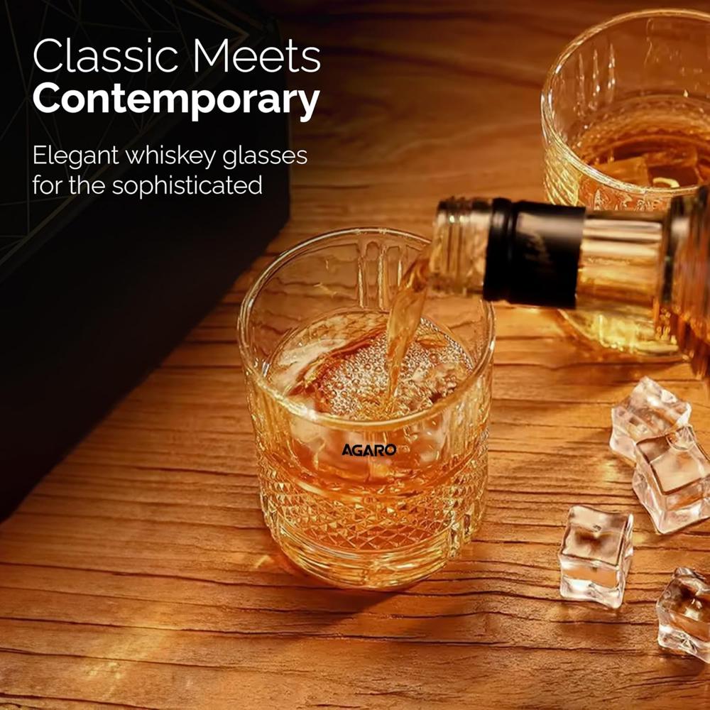 AGARO Elegant Whiskey Glass, Set of 6, 325ML, Crisscross Design, Crystal Clear, Perfect for Scotch, Whisky, Bourbon, Liquor, Wine, Cocktail Drinks, Stylish Design - 34220