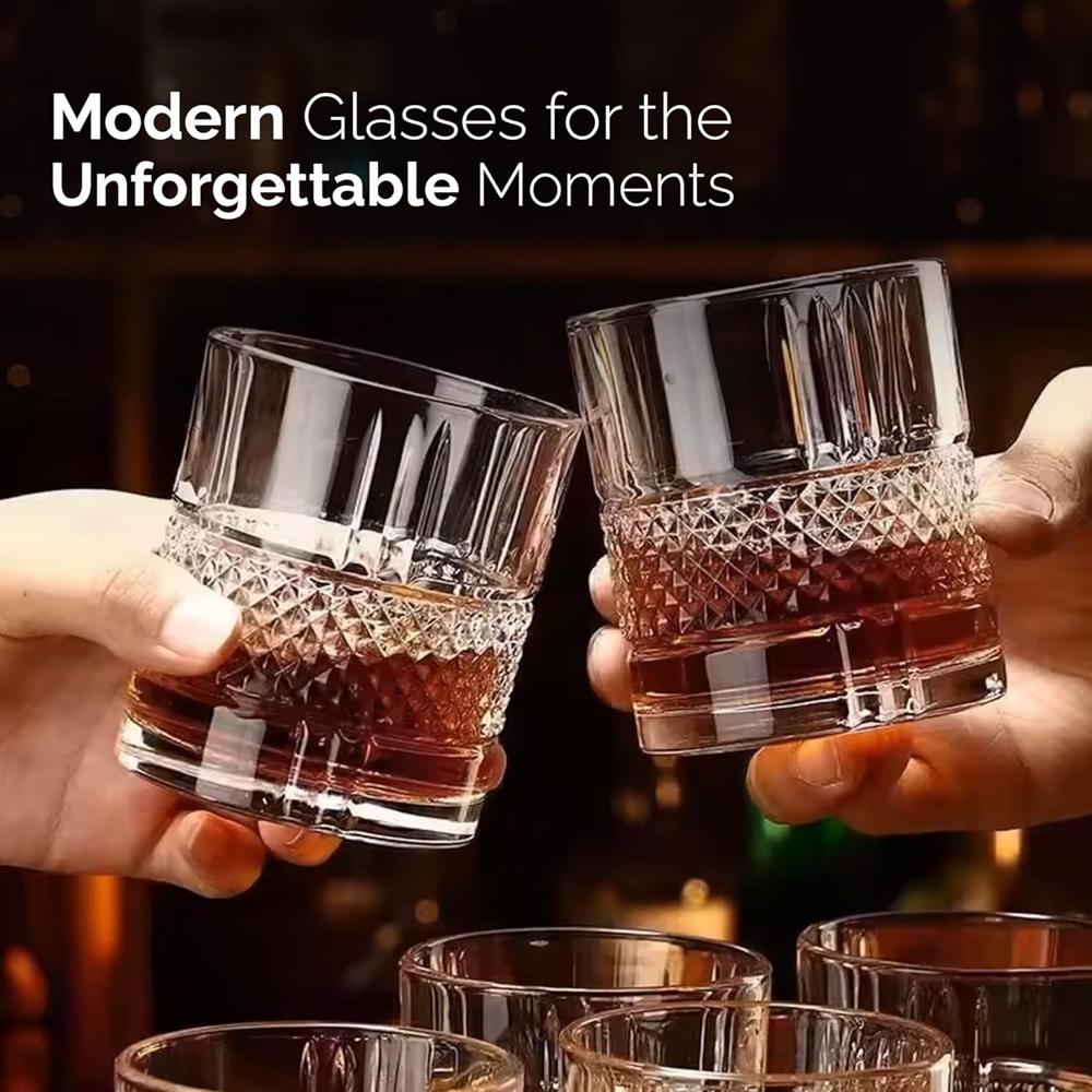 AGARO Elegant Whiskey Glass, Set of 6, 325ML, Crisscross Design, Crystal Clear, Perfect for Scotch, Whisky, Bourbon, Liquor, Wine, Cocktail Drinks, Stylish Design - 34220