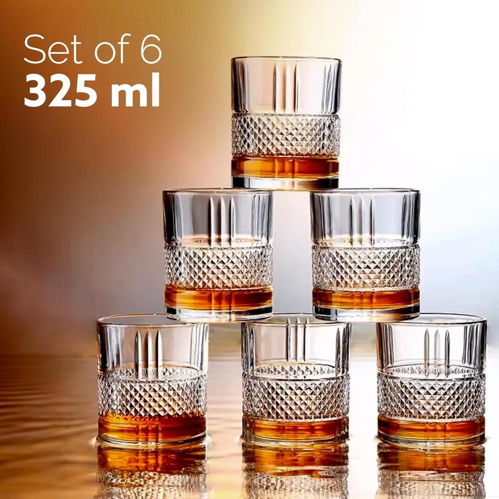 AGARO Elegant Whiskey Glass, Set of 6, 325ML, Crisscross Design, Crystal Clear, Perfect for Scotch, Whisky, Bourbon, Liquor, Wine, Cocktail Drinks, Stylish Design - 34220