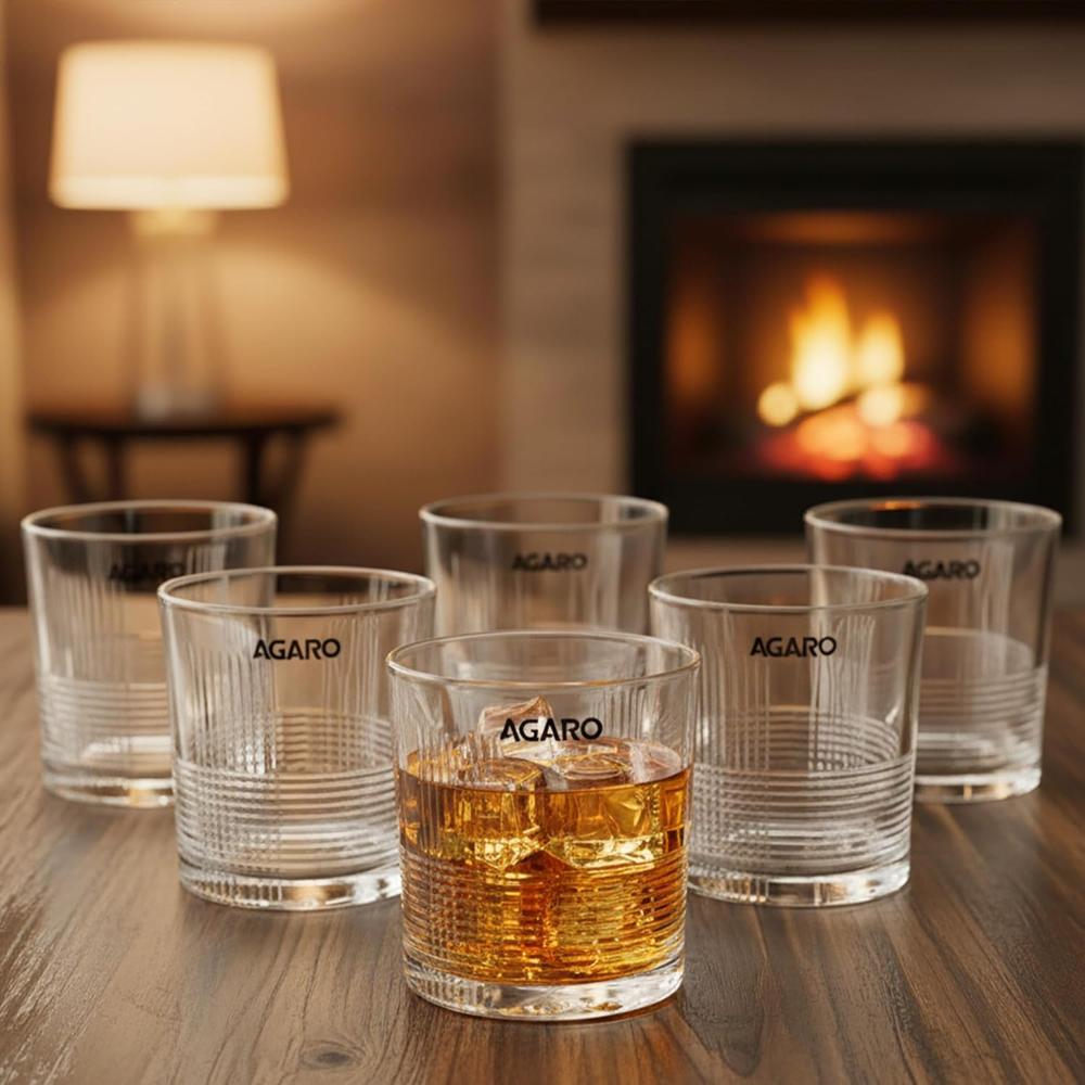 AGARO Elegant Whiskey Glass, Set of 6, 325ML, Ribbed Design, Crystal Clear, Perfect for Scotch, Whisky, Bourbon, Liquor, Wine, Cocktail Drinks, Stylish Design 34221