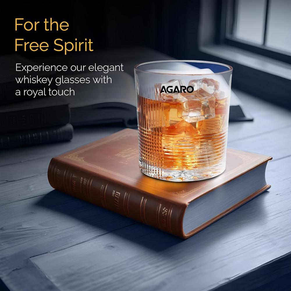 AGARO Elegant Whiskey Glass, Set of 6, 325ML, Ribbed Design, Crystal Clear, Perfect for Scotch, Whisky, Bourbon, Liquor, Wine, Cocktail Drinks, Stylish Design 34221