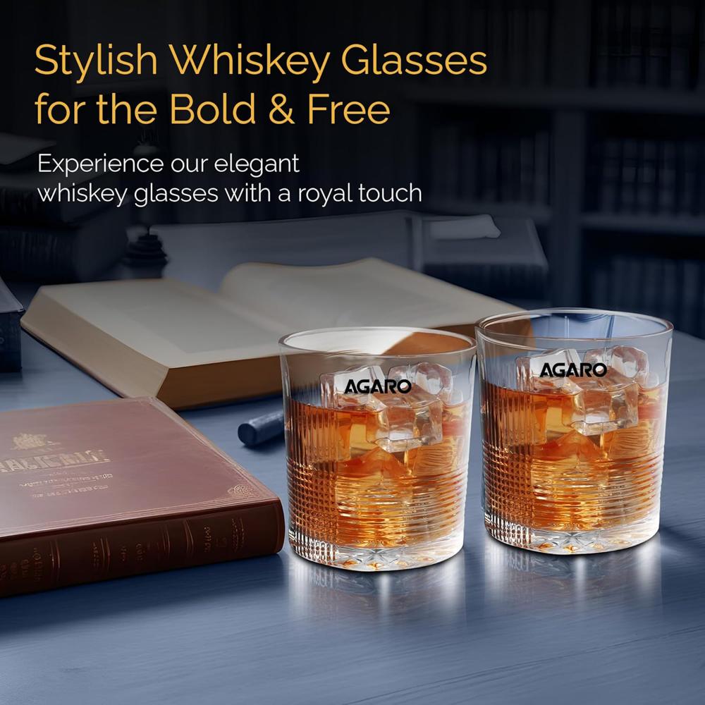 AGARO Elegant Whiskey Glass, Set of 6, 325ML, Ribbed Design, Crystal Clear, Perfect for Scotch, Whisky, Bourbon, Liquor, Wine, Cocktail Drinks, Stylish Design 34221