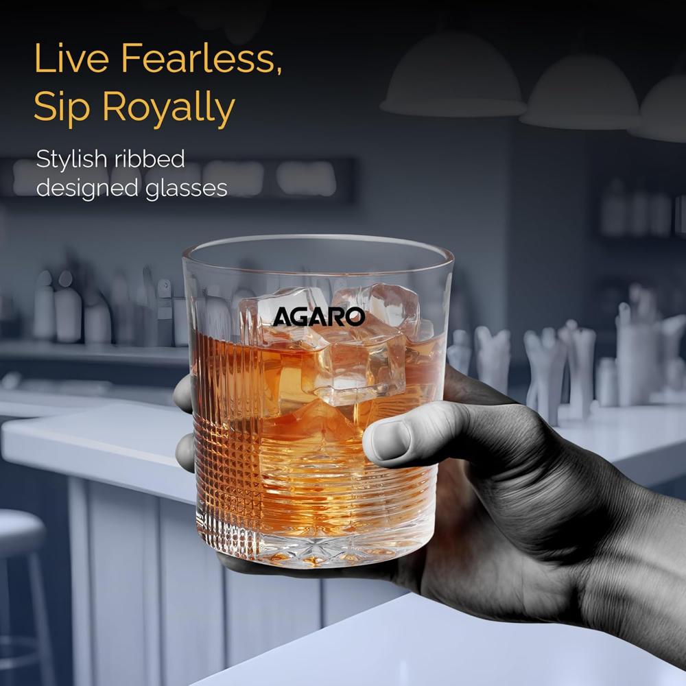 AGARO Elegant Whiskey Glass, Set of 6, 325ML, Ribbed Design, Crystal Clear, Perfect for Scotch, Whisky, Bourbon, Liquor, Wine, Cocktail Drinks, Stylish Design 34221