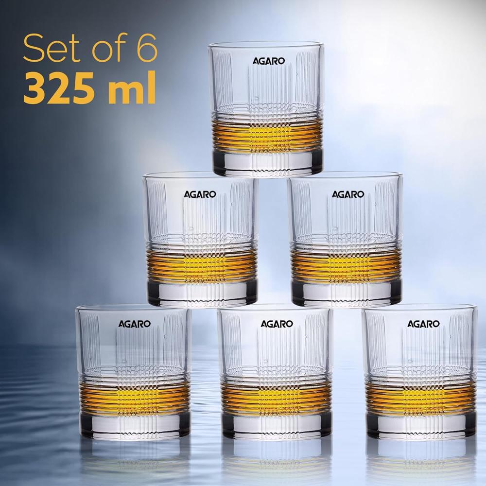 AGARO Elegant Whiskey Glass, Set of 6, 325ML, Ribbed Design, Crystal Clear, Perfect for Scotch, Whisky, Bourbon, Liquor, Wine, Cocktail Drinks, Stylish Design 34221