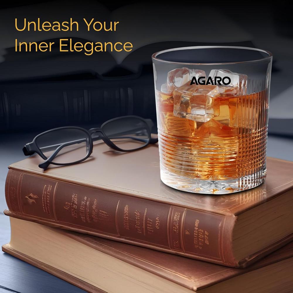 AGARO Elegant Whiskey Glass, Set of 6, 325ML, Ribbed Design, Crystal Clear, Perfect for Scotch, Whisky, Bourbon, Liquor, Wine, Cocktail Drinks, Stylish Design 34221
