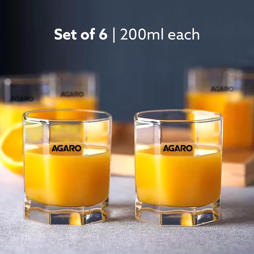 AGARO Elegant Octagonal Glass 200ml set of 6, Juice and Water Drinking Glass Transparent. 34247