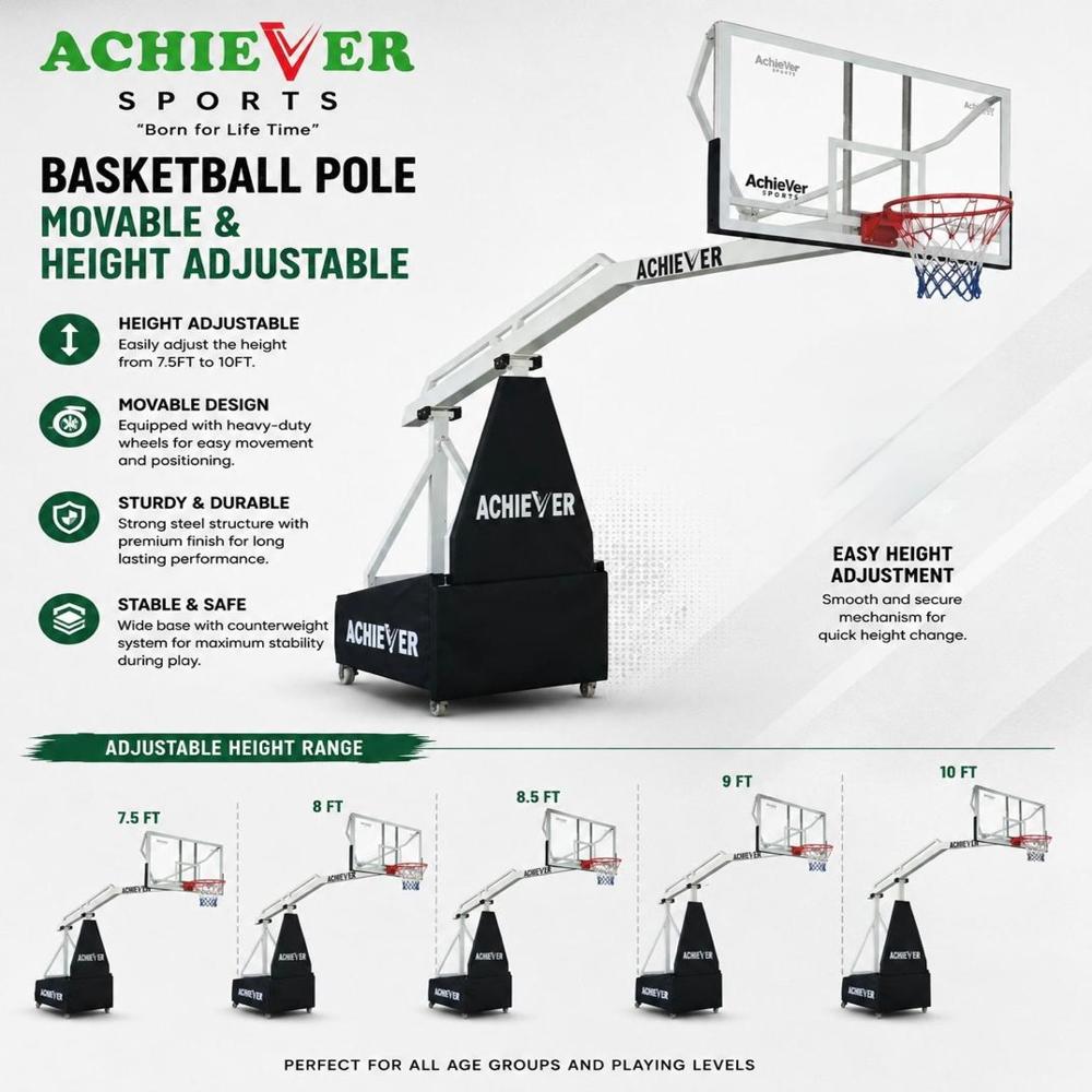 Basketball pole movable and height adjustable