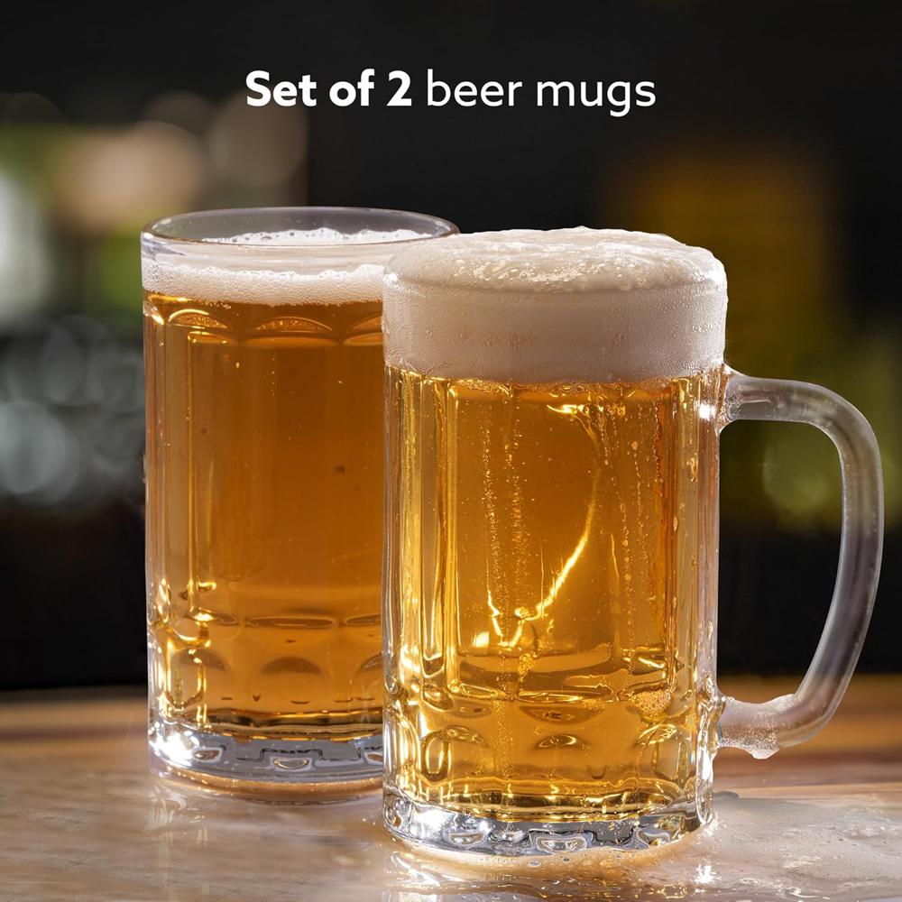 AGARO Elegant Beer Mug, Set of 2, 397ml Each, Transparent, Serves Beer, Juice, Mocktail, Cocktail, Drinking Glass with Handle  34241