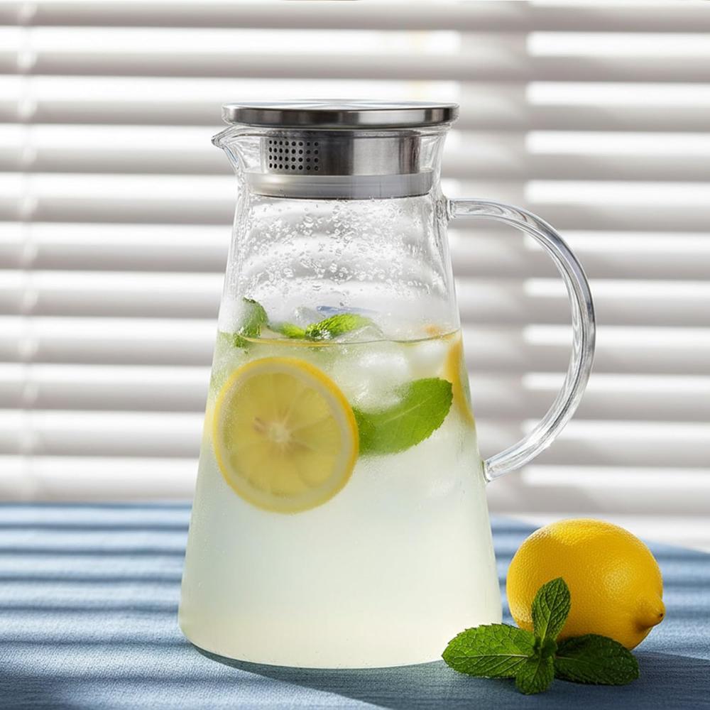 AGARO Elite Borosilicate Water Jug 1.8 Litre, Stainless Steel Air Tight Lid,Iced Tea Pitcher, Water Jug, Hot Cold Water, Milk and Juice Beverage Carafes  34041