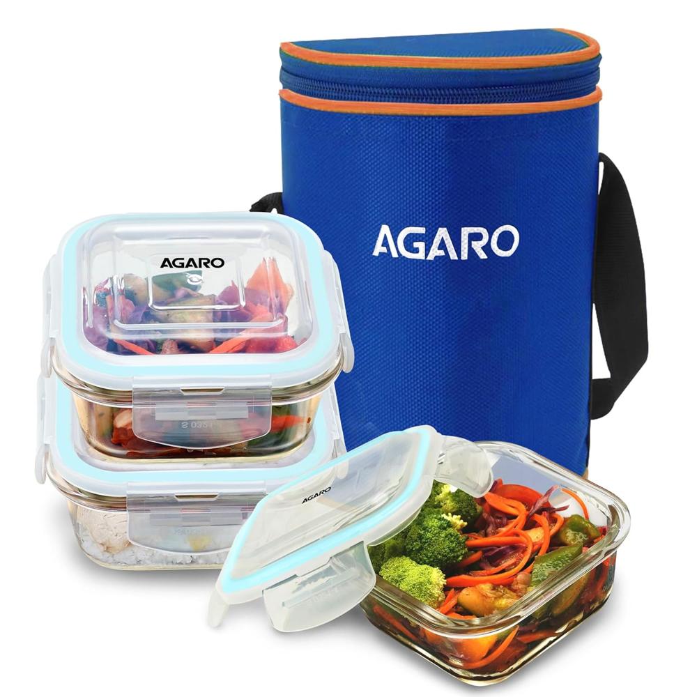 AGARO Elite Borosilicate Glass Lunch Box, 3pcs Set, 400ml Each, Office Tiffin Box with Bag for Men & Women, Square Shaped, Leak Proof & Airtight Locking Lid, Microwave & Freezer Safe, Transparent 34057