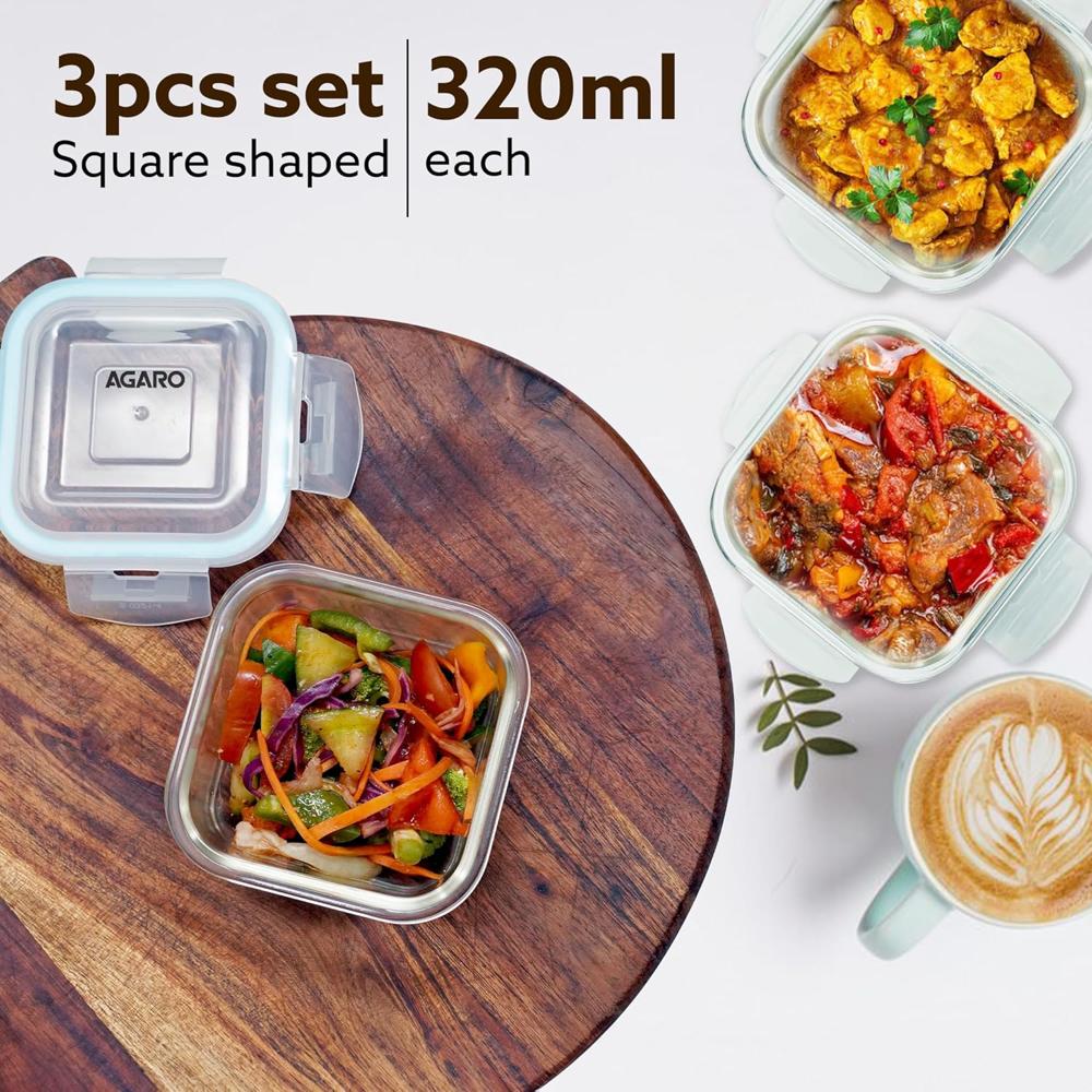 AGARO Elite Borosilicate Glass Lunch Box, 3pcs Set, 400ml Each, Office Tiffin Box with Bag for Men & Women, Square Shaped, Leak Proof & Airtight Locking Lid, Microwave & Freezer Safe, Transparent 34057