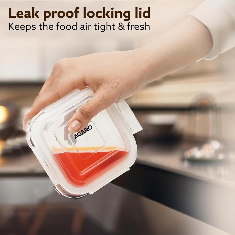 AGARO Elite Borosilicate Glass Lunch Box, 3pcs Set, 400ml Each, Office Tiffin Box with Bag for Men & Women, Square Shaped, Leak Proof & Airtight Locking Lid, Microwave & Freezer Safe, Transparent 34057