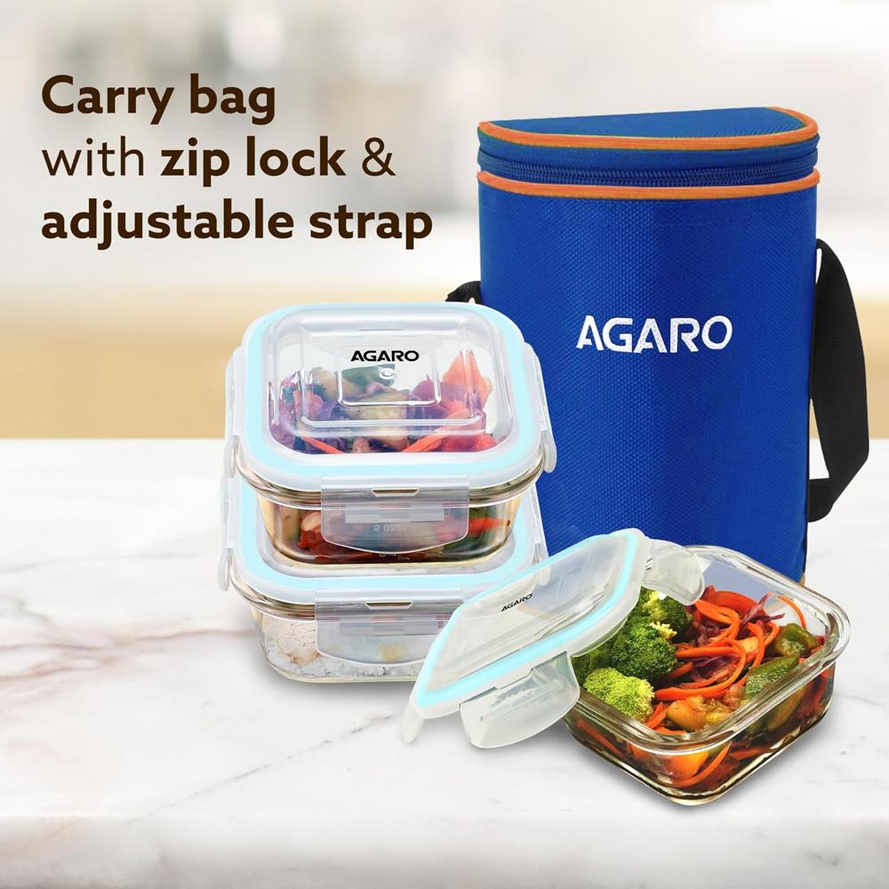 AGARO Elite Borosilicate Glass Lunch Box, 3pcs Set, 400ml Each, Office Tiffin Box with Bag for Men & Women, Square Shaped, Leak Proof & Airtight Locking Lid, Microwave & Freezer Safe, Transparent 34057