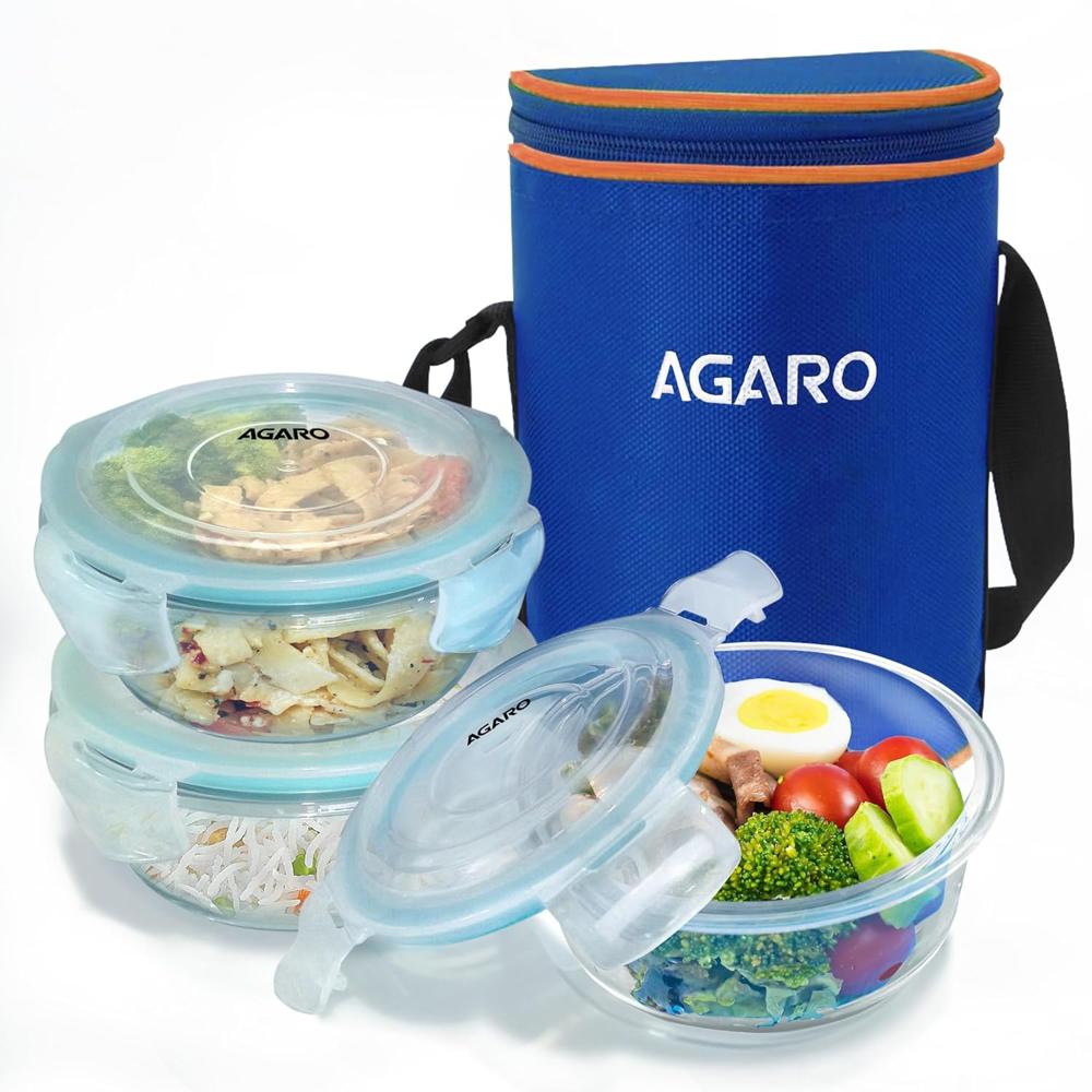Agaro Elite Borosilicate Glass Lunch Box, 3pcs Set, 400ml Each, Office Tiffin Box With Bag, Men & Women, Round Shaped, Leak Proof & Airtight Locking Lid, Microwave & Freezer Safe, Transparent  34056 - Capacity: 400 Milliliter (ml)