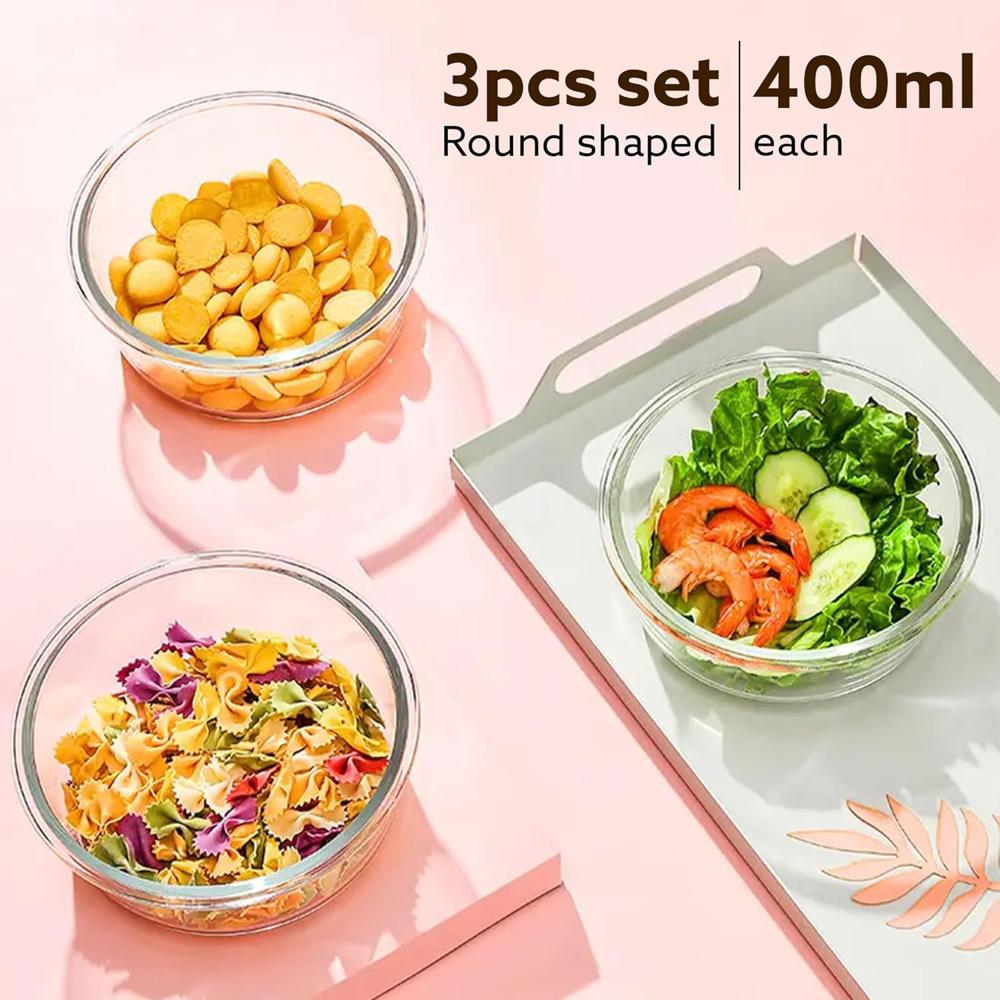 AGARO Elite Borosilicate Glass Lunch Box, 3pcs Set, 400ml Each, Office Tiffin Box with Bag, Men & Women, Round Shaped, Leak Proof & Airtight Locking Lid, Microwave & Freezer Safe, Transparent  34056