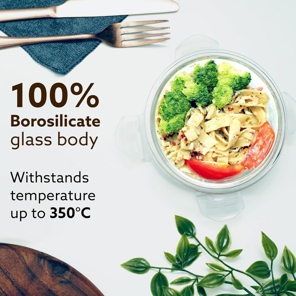 AGARO Elite Borosilicate Glass Lunch Box, 3pcs Set, 400ml Each, Office Tiffin Box with Bag, Men & Women, Round Shaped, Leak Proof & Airtight Locking Lid, Microwave & Freezer Safe, Transparent  34056