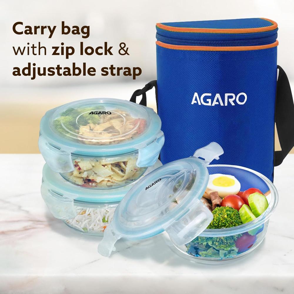AGARO Elite Borosilicate Glass Lunch Box, 3pcs Set, 400ml Each, Office Tiffin Box with Bag, Men & Women, Round Shaped, Leak Proof & Airtight Locking Lid, Microwave & Freezer Safe, Transparent  34056