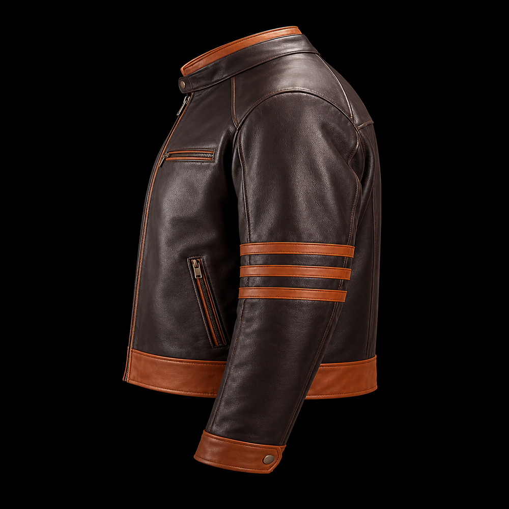 Brown And Black Leather Biker Jacket