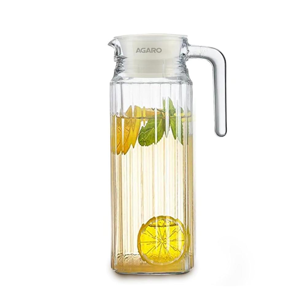 AGARO Elegant Glass Jug with Lid, 1.1L, Multipurpose Jug, Easy Pour Spout & Strong Handle, Transparent Beverage Carafe for Home, Office, Pitcher for Serve Water, Milk, Juice, Beverage, Lassi, Cocktail 34125
