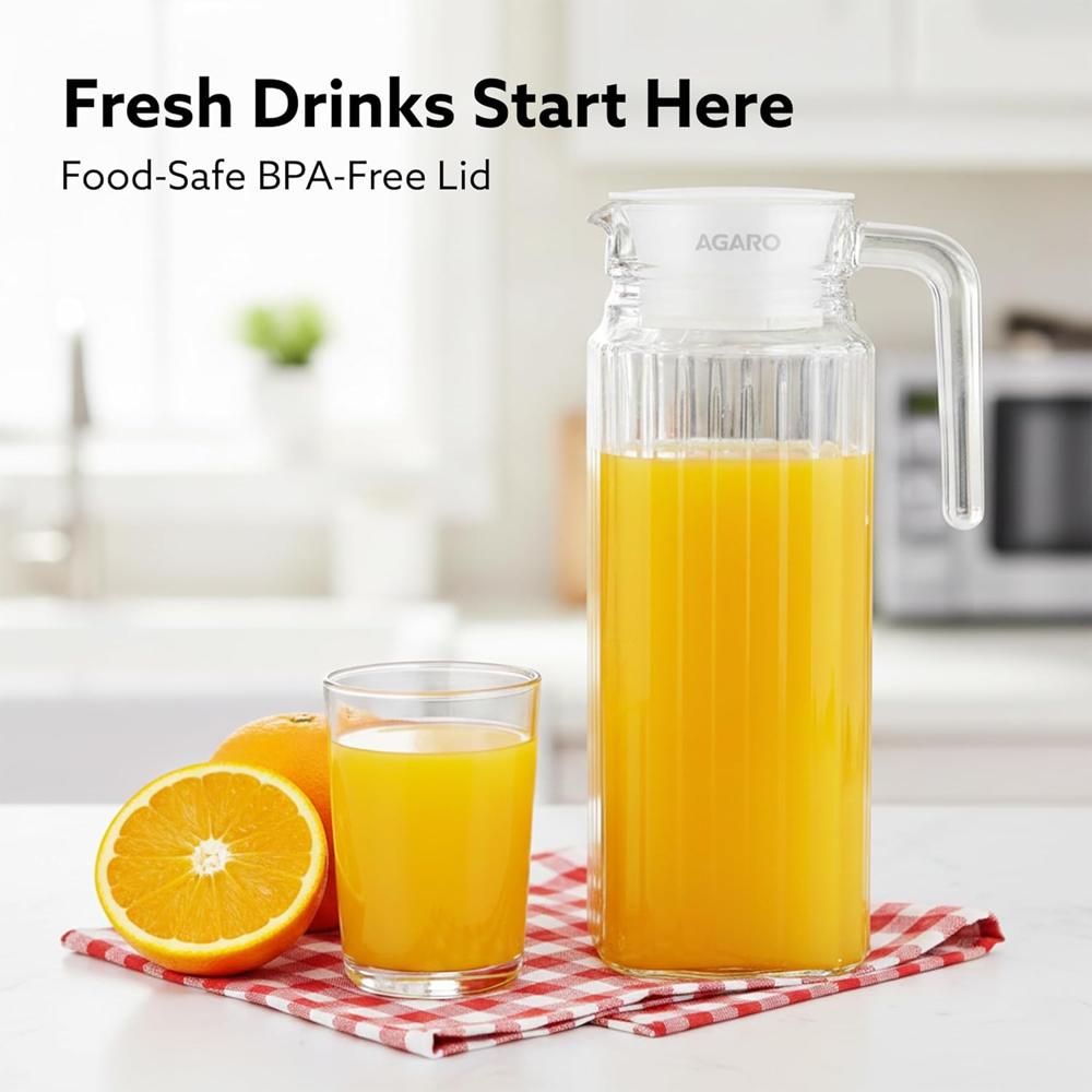 AGARO Elegant Glass Jug with Lid, 1.1L, Multipurpose Jug, Easy Pour Spout & Strong Handle, Transparent Beverage Carafe for Home, Office, Pitcher for Serve Water, Milk, Juice, Beverage, Lassi, Cocktail 34125