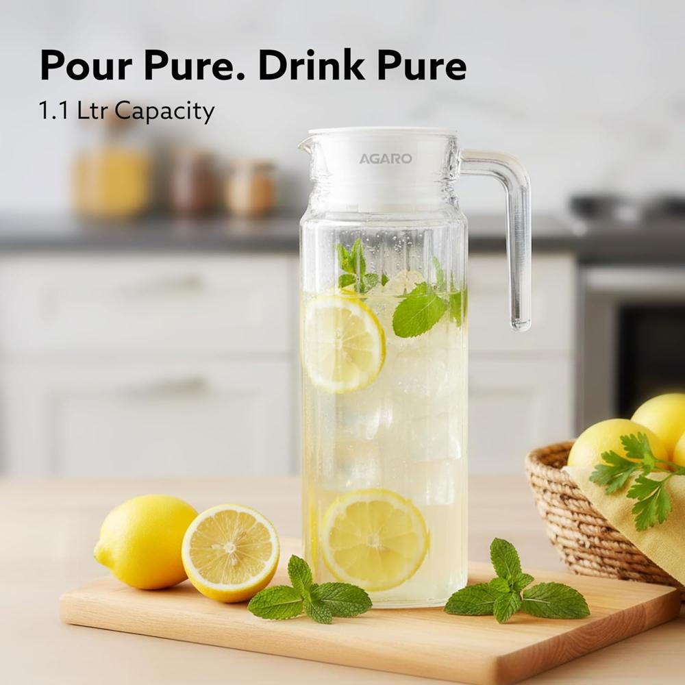 AGARO Elegant Glass Jug with Lid, 1.1L, Multipurpose Jug, Easy Pour Spout & Strong Handle, Transparent Beverage Carafe for Home, Office, Pitcher for Serve Water, Milk, Juice, Beverage, Lassi, Cocktail 34125