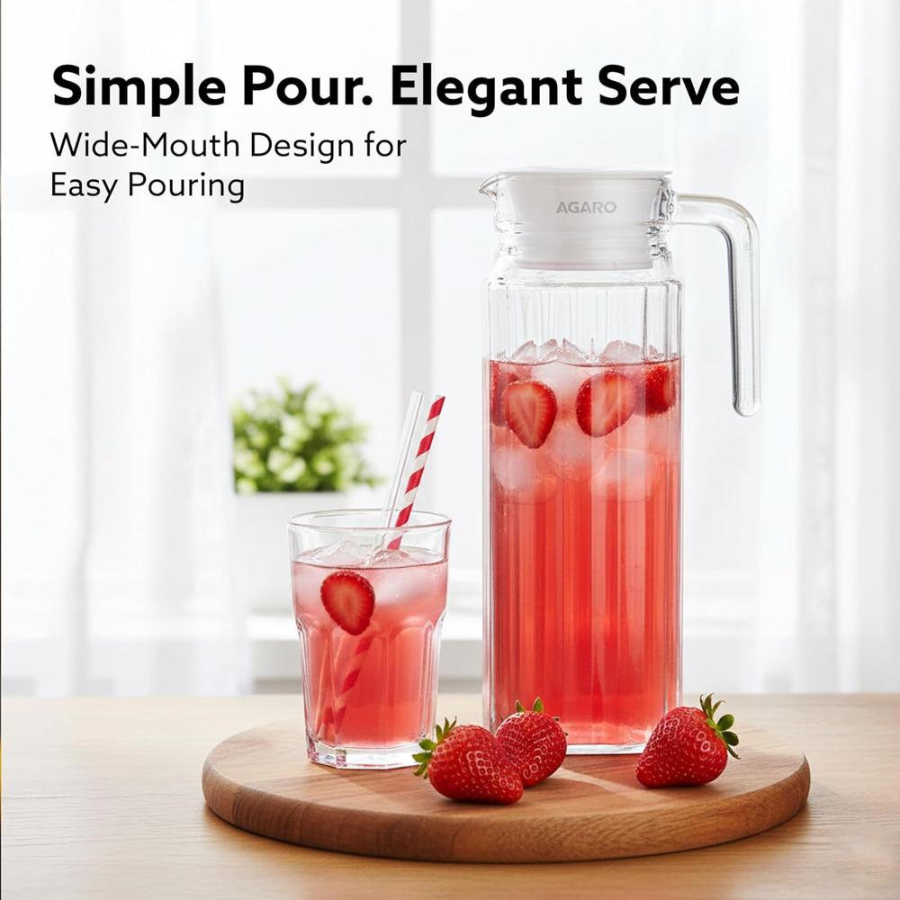 AGARO Elegant Glass Jug with Lid, 1.1L, Multipurpose Jug, Easy Pour Spout & Strong Handle, Transparent Beverage Carafe for Home, Office, Pitcher for Serve Water, Milk, Juice, Beverage, Lassi, Cocktail 34125