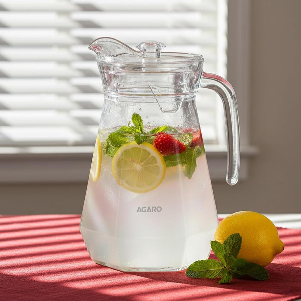 AGARO Elegant Glass Pitcher Jug 1.1L, Transparent Beverage Carafe for Home, Office, Pitcher for Serve Water, Milk, Juice, Beverage, Lassi, Cocktail 34127