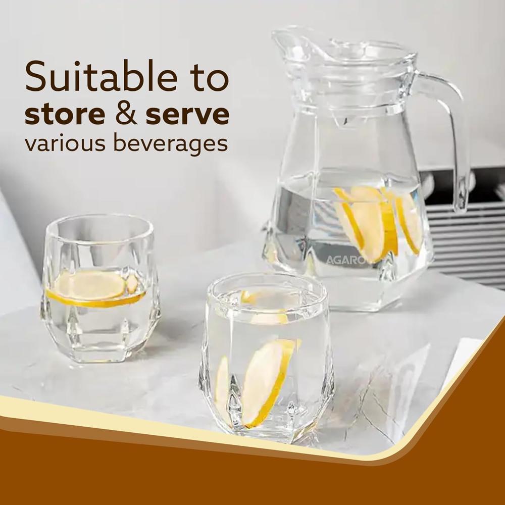 AGARO Elegant Glass Pitcher Jug 1.1L, Transparent Beverage Carafe for Home, Office, Pitcher for Serve Water, Milk, Juice, Beverage, Lassi, Cocktail 34127