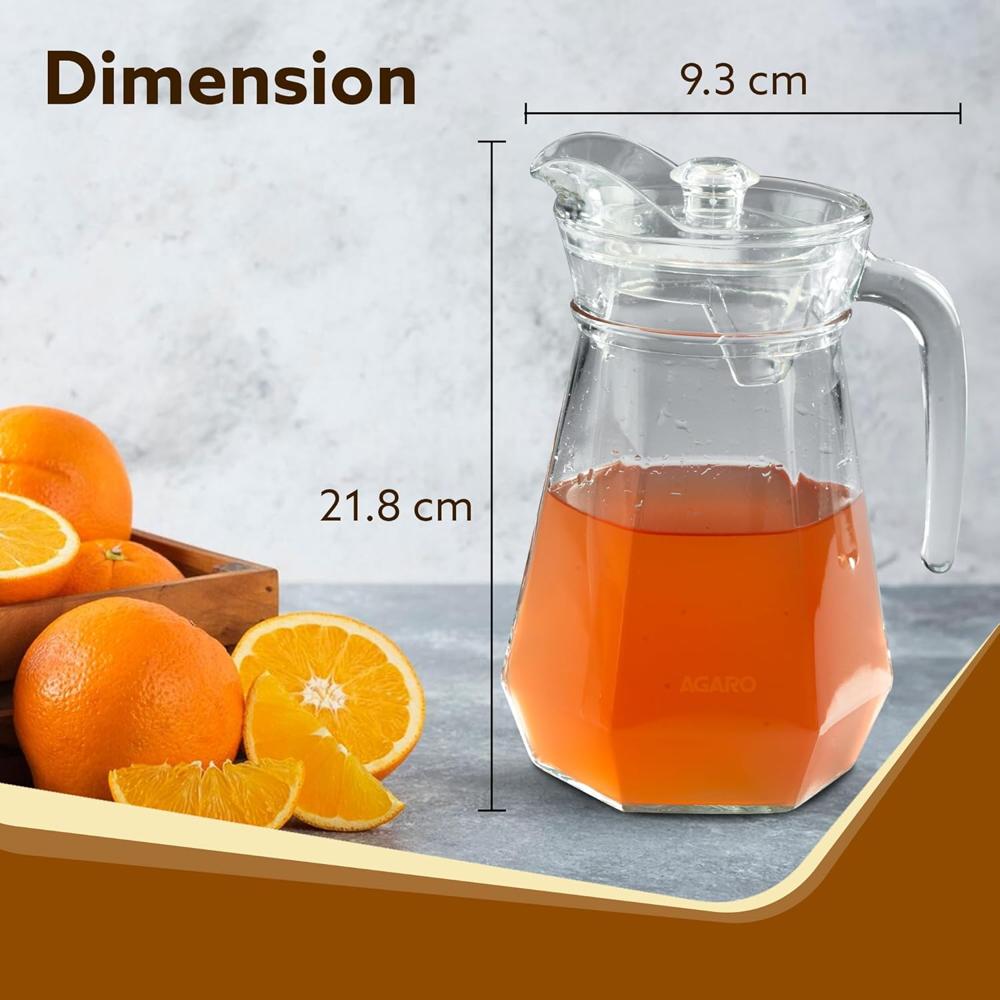 AGARO Elegant Glass Pitcher Jug 1.1L, Transparent Beverage Carafe for Home, Office, Pitcher for Serve Water, Milk, Juice, Beverage, Lassi, Cocktail 34127