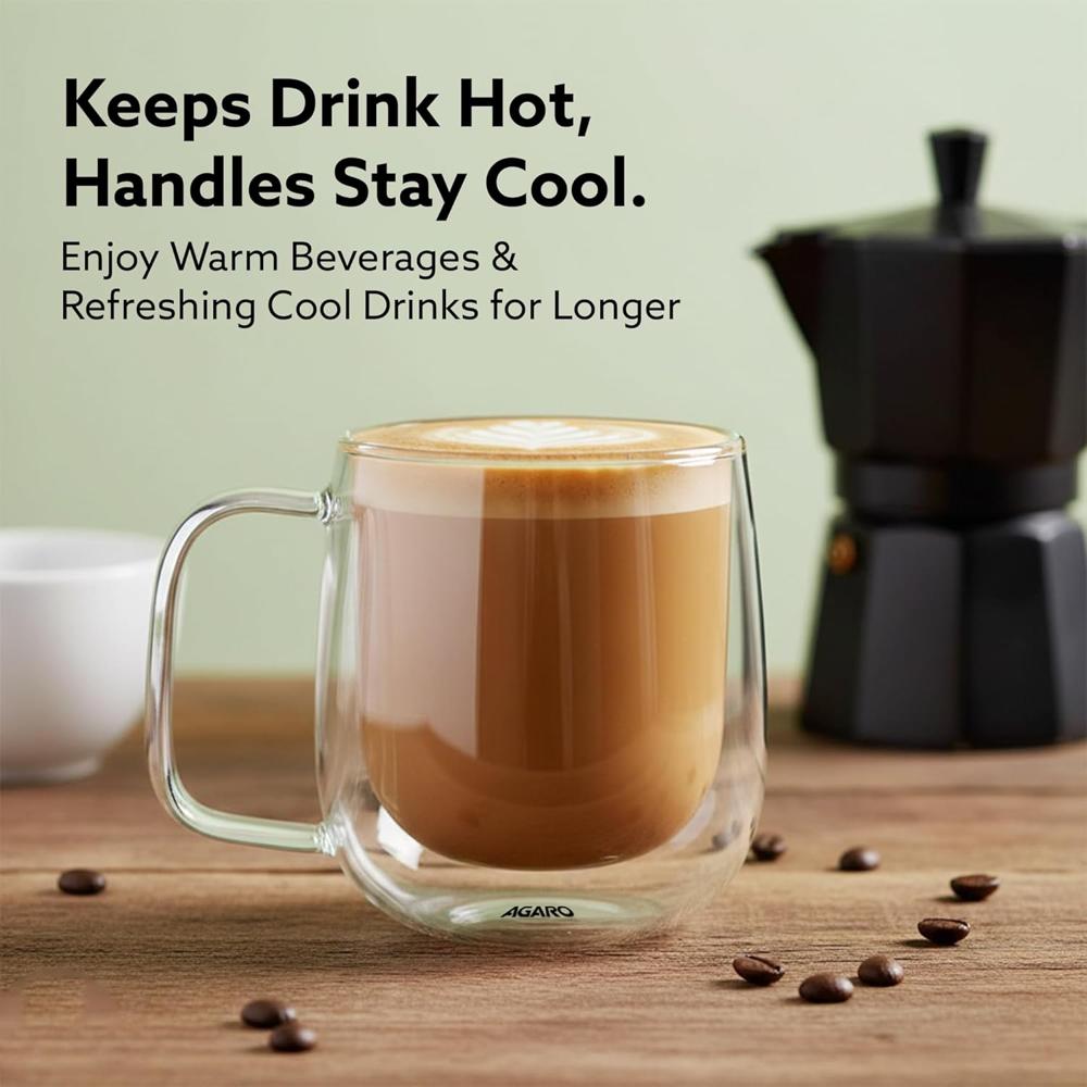AGARO Elite Double Wall Glass Cups, 260 Ml, Insulated Tea & Coffee Cups, Hot & Cold Drinks, Coffee, Tea, Milk, Cappuccino, Juice, Microwave Safe, Stylish Espresso Chocolate Beverage, Pack of 2 -34147