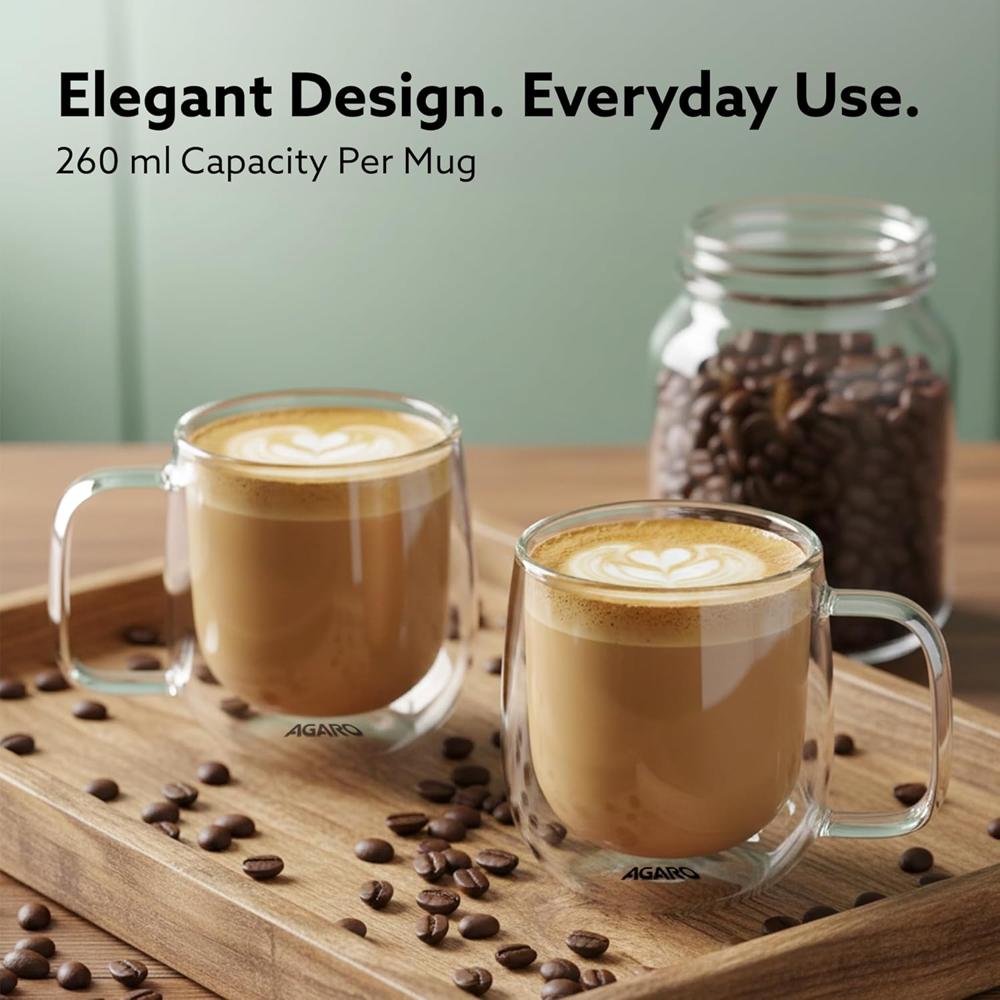 AGARO Elite Double Wall Glass Cups, 260 Ml, Insulated Tea & Coffee Cups, Hot & Cold Drinks, Coffee, Tea, Milk, Cappuccino, Juice, Microwave Safe, Stylish Espresso Chocolate Beverage, Pack of 2 -34147