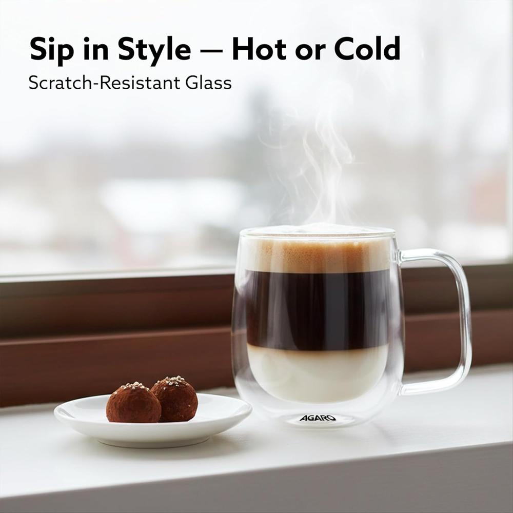 AGARO Elite Double Wall Glass Cups, 260 Ml, Insulated Tea & Coffee Cups, Hot & Cold Drinks, Coffee, Tea, Milk, Cappuccino, Juice, Microwave Safe, Stylish Espresso Chocolate Beverage, Pack of 2 -34147