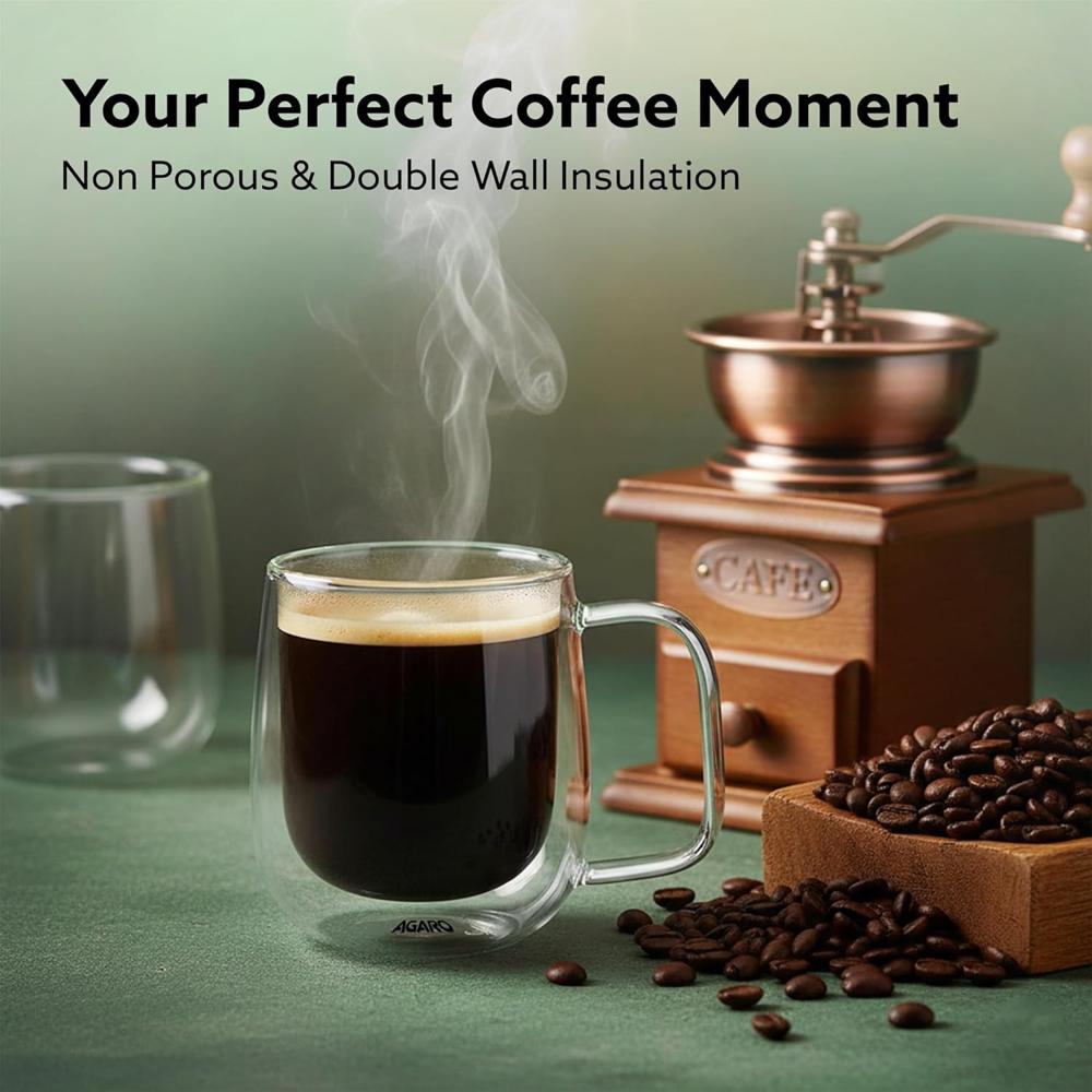 AGARO Elite Double Wall Glass Cups, 260 Ml, Insulated Tea & Coffee Cups, Hot & Cold Drinks, Coffee, Tea, Milk, Cappuccino, Juice, Microwave Safe, Stylish Espresso Chocolate Beverage, Pack of 2 -34147