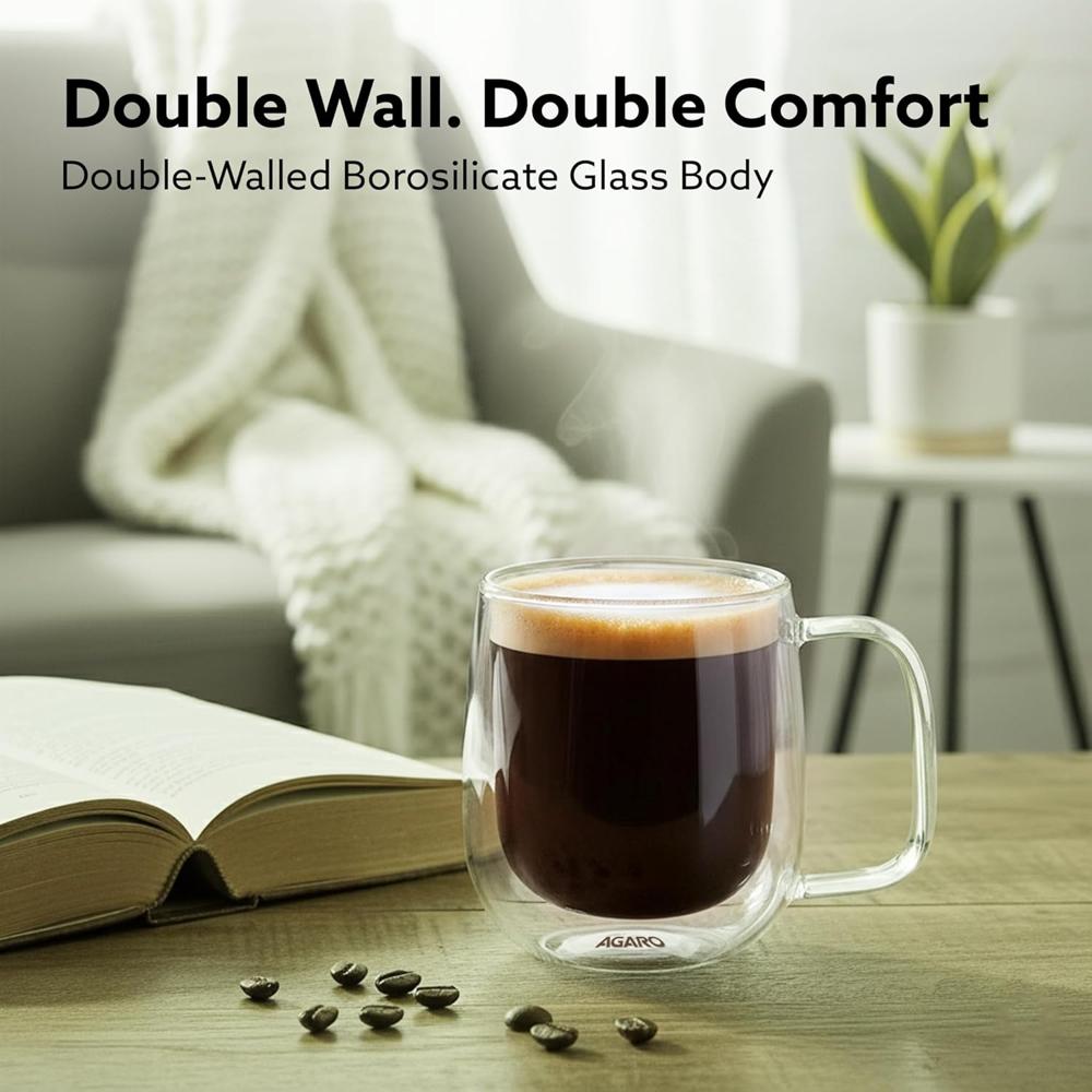 AGARO Elite Double Wall Glass Cups, 260 Ml, Insulated Tea & Coffee Cups, Hot & Cold Drinks, Coffee, Tea, Milk, Cappuccino, Juice, Microwave Safe, Stylish Espresso Chocolate Beverage, Pack of 2 -34147