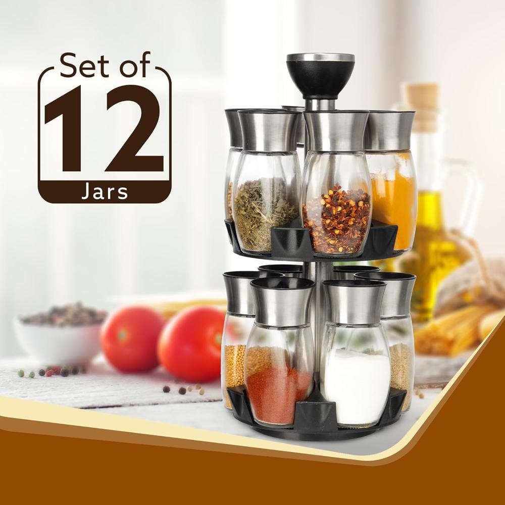 AGARO Elegant Glass Spice Jar with Holder, Set of 12, Spinning Spice Storage Rack, Rotating Spice Holder, Spice Containers, Spice Seasoning Organizer, Masala box for Kitchen, Kitchen Storage Rack 34148