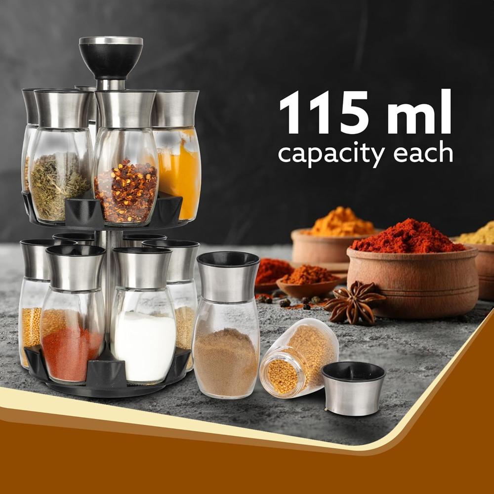 AGARO Elegant Glass Spice Jar with Holder, Set of 12, Spinning Spice Storage Rack, Rotating Spice Holder, Spice Containers, Spice Seasoning Organizer, Masala box for Kitchen, Kitchen Storage Rack 34148