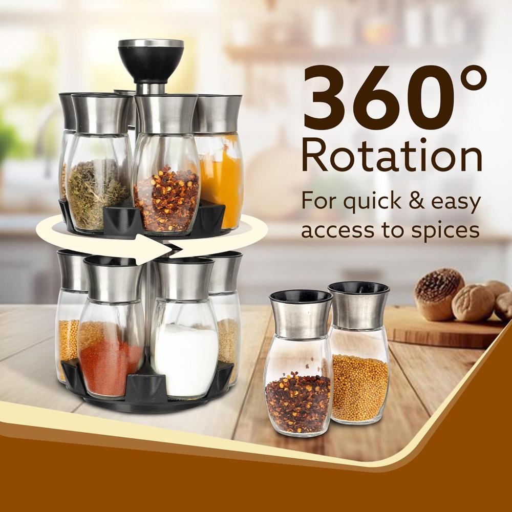 AGARO Elegant Glass Spice Jar with Holder, Set of 12, Spinning Spice Storage Rack, Rotating Spice Holder, Spice Containers, Spice Seasoning Organizer, Masala box for Kitchen, Kitchen Storage Rack 34148