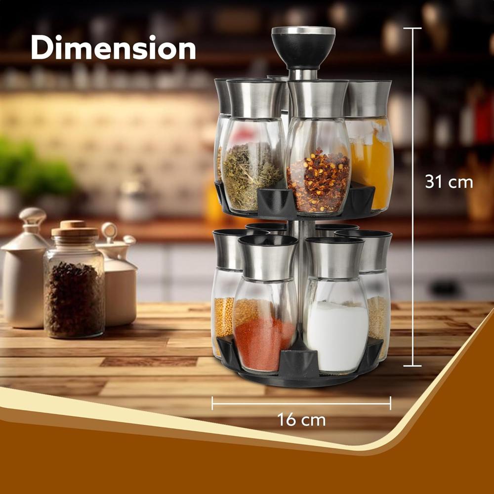 AGARO Elegant Glass Spice Jar with Holder, Set of 12, Spinning Spice Storage Rack, Rotating Spice Holder, Spice Containers, Spice Seasoning Organizer, Masala box for Kitchen, Kitchen Storage Rack 34148