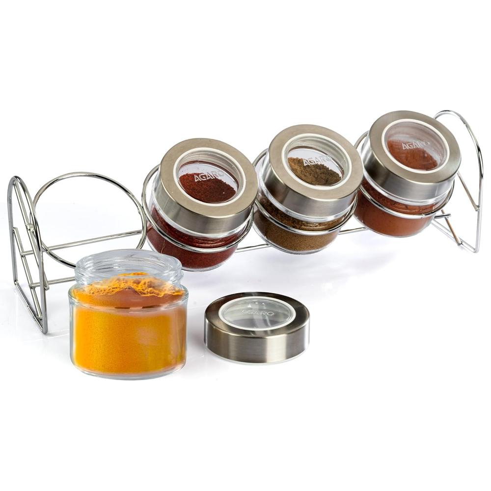 AGARO Elegant Glass Spice Jar with Metal Stand, Pack of 4, 100Ml Each, Spice storage box, kitchen organizer, spice containers, masala box for kitchen, Steel lid with transparent plastic, Transparent  34059