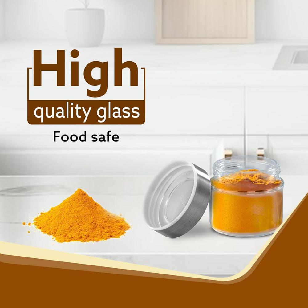 AGARO Elegant Glass Spice Jar with Metal Stand, Pack of 4, 100Ml Each, Spice storage box, kitchen organizer, spice containers, masala box for kitchen, Steel lid with transparent plastic, Transparent  34059