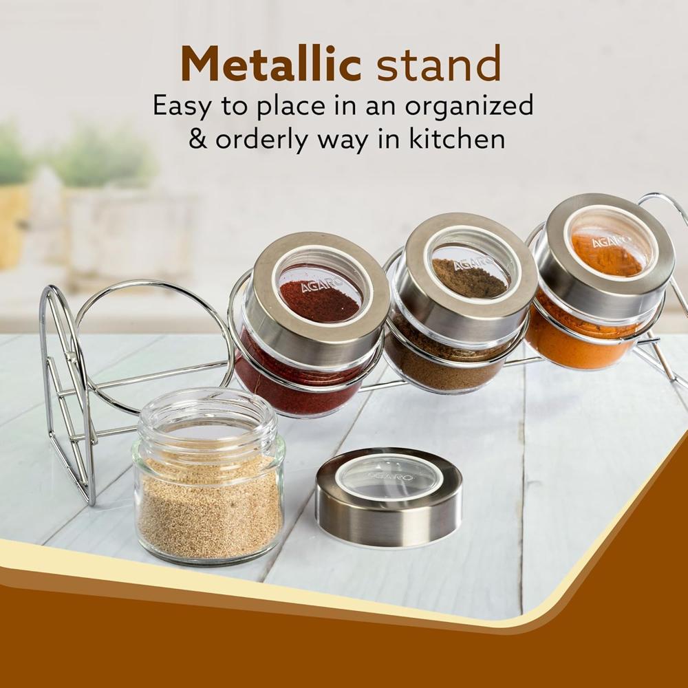 AGARO Elegant Glass Spice Jar with Metal Stand, Pack of 4, 100Ml Each, Spice storage box, kitchen organizer, spice containers, masala box for kitchen, Steel lid with transparent plastic, Transparent  34059