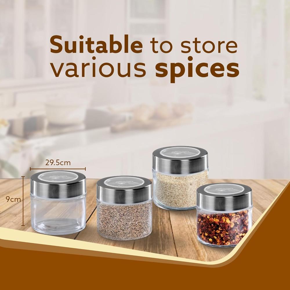 AGARO Elegant Glass Spice Jar with Metal Stand, Pack of 4, 100Ml Each, Spice storage box, kitchen organizer, spice containers, masala box for kitchen, Steel lid with transparent plastic, Transparent  34059