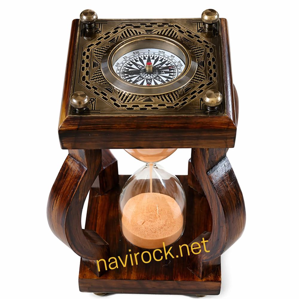 Wooden Sand Timer Hourglass With Brass Chess Top Decorative 5 Minute Sand Clock - Color: Antique Finish And Peach