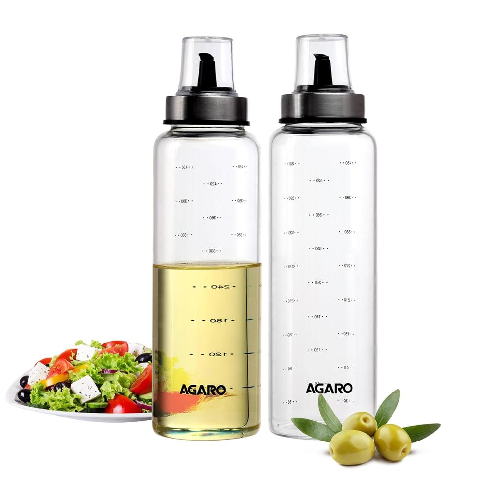 AGARO Elite Borosilicate Glass Oil Dispenser With Capacity Markings, Pack of 2, 500 Ml each, Metallic Lid, Oil Bottle Jar, Transparent 34058