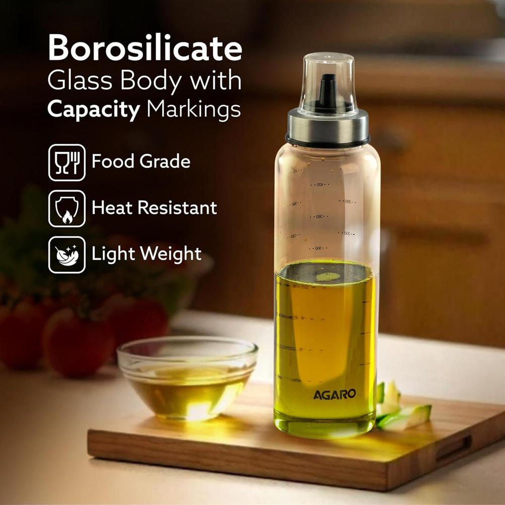 AGARO Elite Borosilicate Glass Oil Dispenser With Capacity Markings, Pack of 2, 500 Ml each, Metallic Lid, Oil Bottle Jar, Transparent 34058