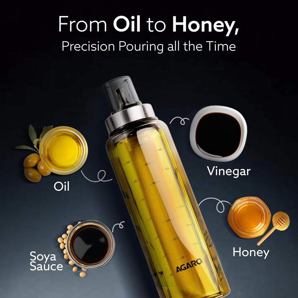 AGARO Elite Borosilicate Glass Oil Dispenser With Capacity Markings, Pack of 2, 500 Ml each, Metallic Lid, Oil Bottle Jar, Transparent 34058